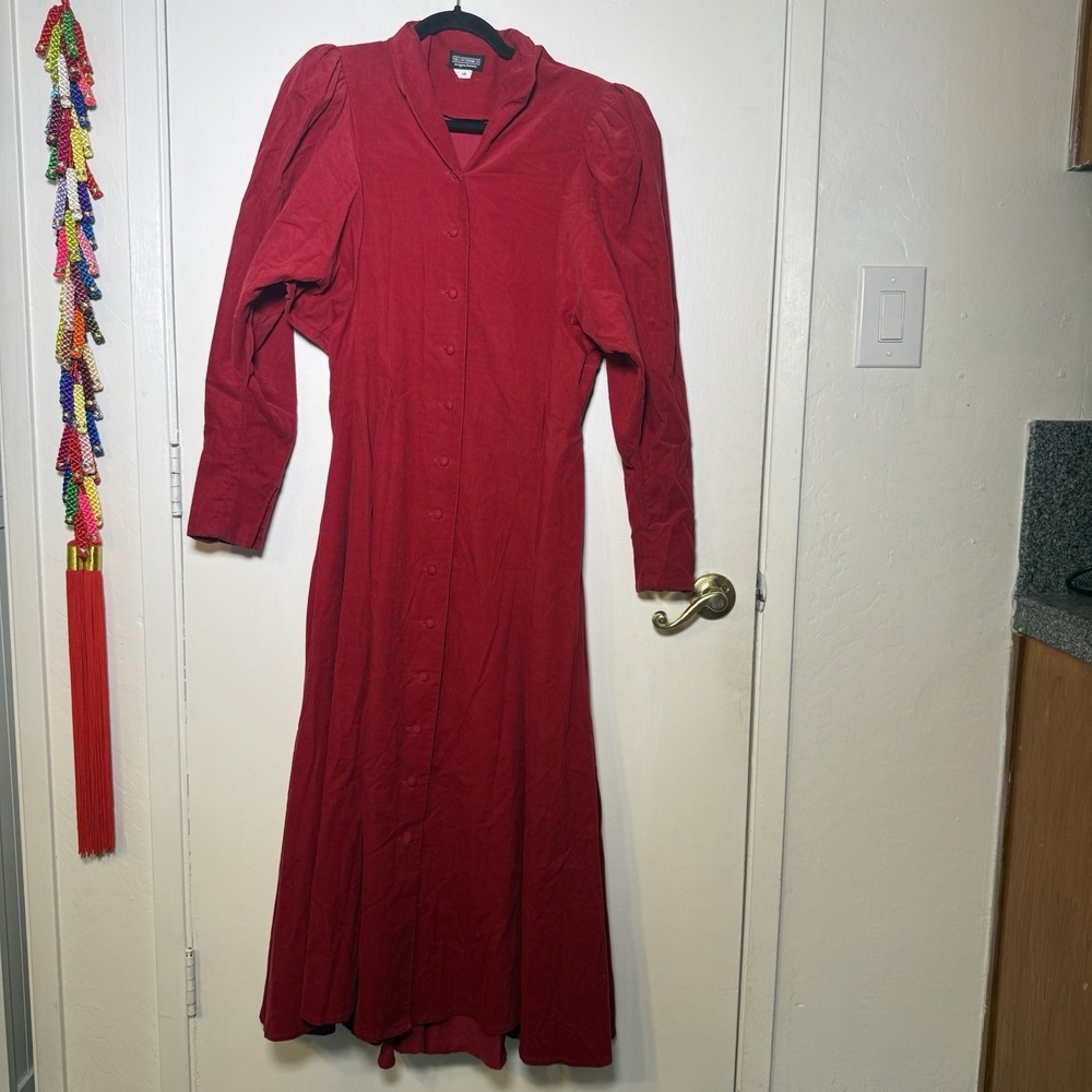J. Peterman Co Red Corduroy Retro 40's Style Fit Flare Maxi Dress 14 - Picture 2 of 11